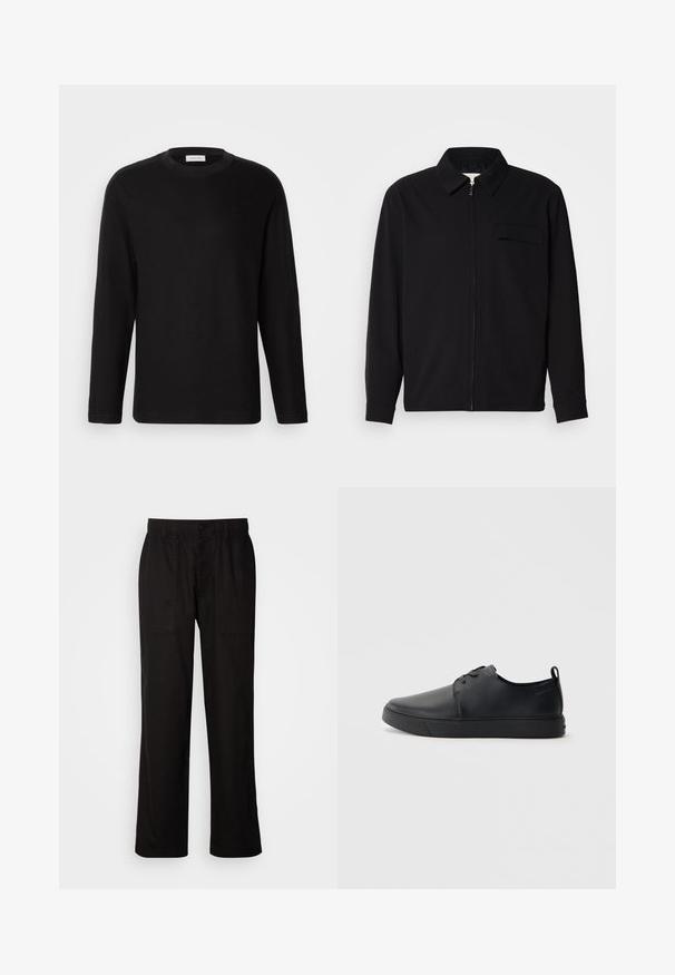 Fekete, hosszú ujjú póló, gallérral, elülső cipzárral és mellzsebbel. Texturált anyagból készült, laza szabású.; Fekete, hosszú ujjú póló, puha anyagból készült. Kerek nyakkivágással és diszkrét logóval a mellrészen. Egyszerű és minimalista dizájn.; Fekete, laza szabású nadrág, könnyű anyagból készült. Rugalmas derékkal, gombos záródással és két elülső zsebbel rendelkezik.; Fekete bőr sportcipő sima felülettel, lekerekített orral, azonos színű varrással, fűzős elülső résszel és lapos gumitalppal. Hurok a sarkán.