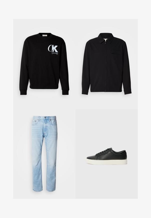 Must valgade varrukatega must särk, millel on krae, ees tõmbluku sulgemine ja rinna tasku. Valmistatud tekstuurilisest kangast ning mugav lõige.; Mustikas värvi puuvillane sviiter, millel on soonikkoes kaelus ja varrukad. Esiküljel on valge "CK" logo ja tekst "Calvin Klein EST 1968".; Heledad sinine denimhääl, sirge sääre lõikega, millel on pleekinud osad, viie tasku disain ja klassikaline nööbivärk.; Must have perforatsiooniga mustad nahast tossud, ümar varvas ja lame valge kummist tald. Omab musti paelu ja diskreetset logo küljel.