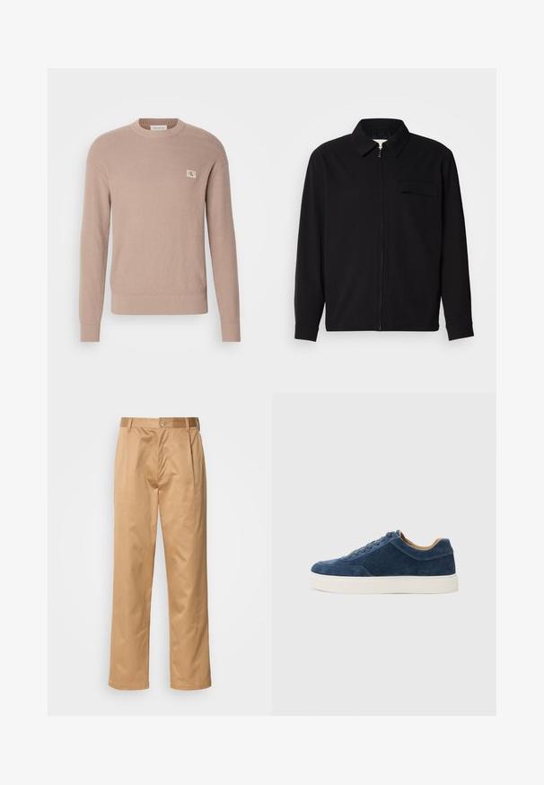 Schwarzes Langarmshirt mit Kragen, Frontreißverschluss und Brusttasche. Aus strukturiertem Stoff mit entspannter Passform.; Helle beigem Strickpullover mit langen Ärmeln, Rundhalsausschnitt und strukturierter Musterung; verfügt über ein kleines Logopatch auf der Brust.; Khaki-Hosen aus Baumwollmischung, im geraden Schnitt, mit Vorderfalten, Gürtelschlaufen und Knopfverschluss. Glatte Textur ohne Muster.; Blaue Wildledersneaker mit weißer Gummisohle, Schnürdesign, runder Zehenpartie und kontrastierender, tanfarbener Innenseite. Subtile Stichelemente.