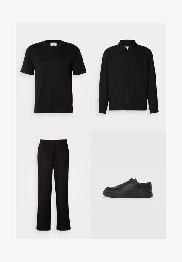 Fekete, hosszú ujjú póló, gallérral, elülső cipzárral és mellzsebbel. Texturált anyagból készült, laza szabású.; Fekete, rövid ujjú póló, puha pamutból készült. Kerek nyakkal, bordázott textúrával és diszkrét logós részlettel a mellkason.; Fekete, laza szabású nadrág, könnyű anyagból készült. Rugalmas derékkal, gombos záródással és két elülső zsebbel rendelkezik.; Fekete bőr slip-on cipő lekerekített orral, varrott részletekkel és fekete gumitalppal. Simaság és minimalista dizájn jellemzi.