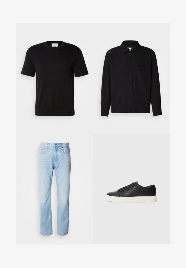 Melna garām piedurknēm krekls ar apkakles izgriezumu, priekšējo rāvējslēdzēju un krūšu kabatu. Izgatavots no teksturēta auduma ar brīvu piegriezumu.; Melna īsām piedurknēm T-krekle, kas izgatavota no mīksta kokvilnas materiāla. Tam ir apaļš kakls, ribota tekstūra un diskrēts logo accents uz krūtīm.; Gaiši zili denima džinsi ar taisnu kāju griezumu, ar izbalējušām sekcijām, piecu kabatu dizainu un klasisko pogu aizdari.; Melnas ādas sporta kurpes ar perforētu tekstūru, apaļu purngalu un plakanu baltu gumijas zoli. Ar melniem šņorējumiem un smalku logo sānos.