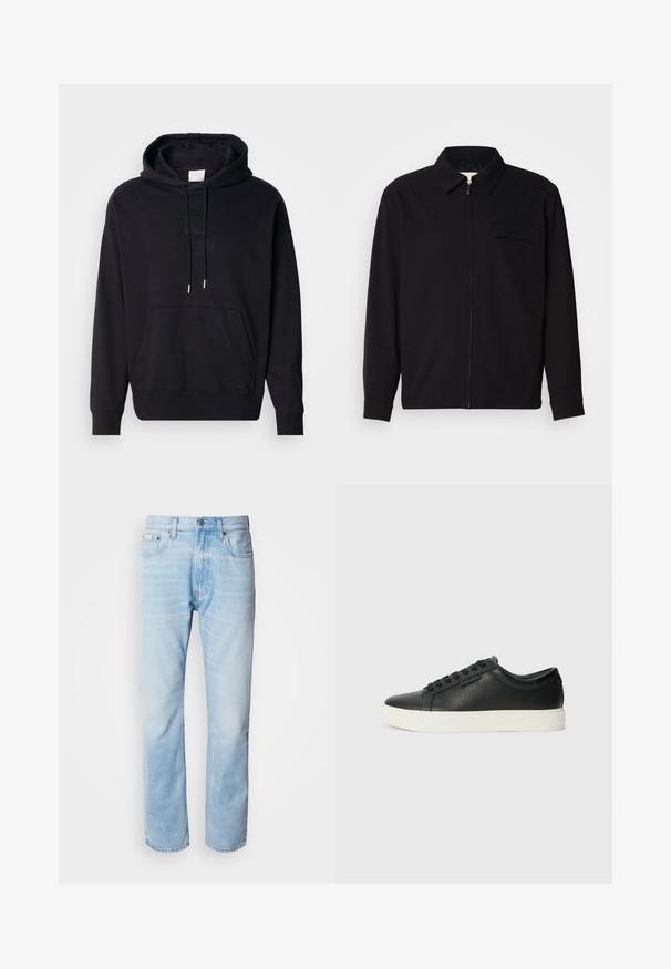 Černá dlouhá rukávová košile s límečkem, předním zipovým uzávěrem a kapsou na hrudi. Vyrobená z texturované tkaniny s uvolněným střihem.; Černá mikina z bavlněné směsi, s klokankou, kapucí na šňůrku a žebrovanými manžetami a spodním lemem. Texturovaná nášivka loga na hrudi.; Světle modré džíny s rovnou nohavicí, s vybledlými částmi, pěti kapsami a klasickým zapínáním na knoflík.; Černé kožené tenisky s perforovanou texturou, kulatou špičkou a plochou bílou gumovou podrážkou. Mají černé tkaničky a jemné logo na boční straně.