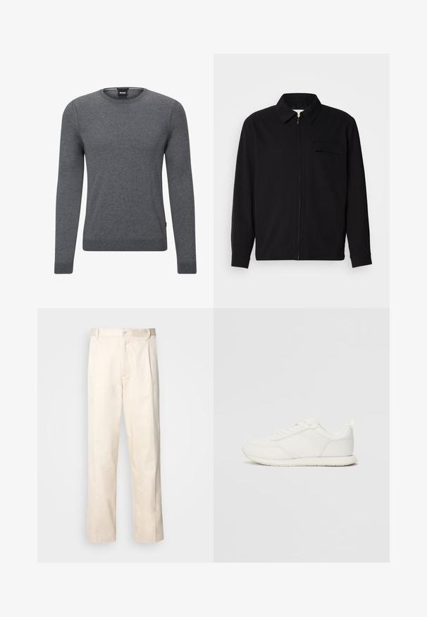 Svart langermet skjorte med krage, frontlås og brystlomme. Laget av teksturert stoff med en avslappet passform.; Grå genser med rund hals laget av myk strikket stoff. Den har lange ermer, ribbede mansjetter og hem, samt et lite logomerke på siden.; Beige bomullsbukser med rett benfatt, med knappelukking og folder foran for ekstra detaljer.; Hvit sneaker med en mesh- og syntetisk overdel, rund tå, flate lisser og en teksturert sidestropp. Gummisåle med en pull-tab bak.