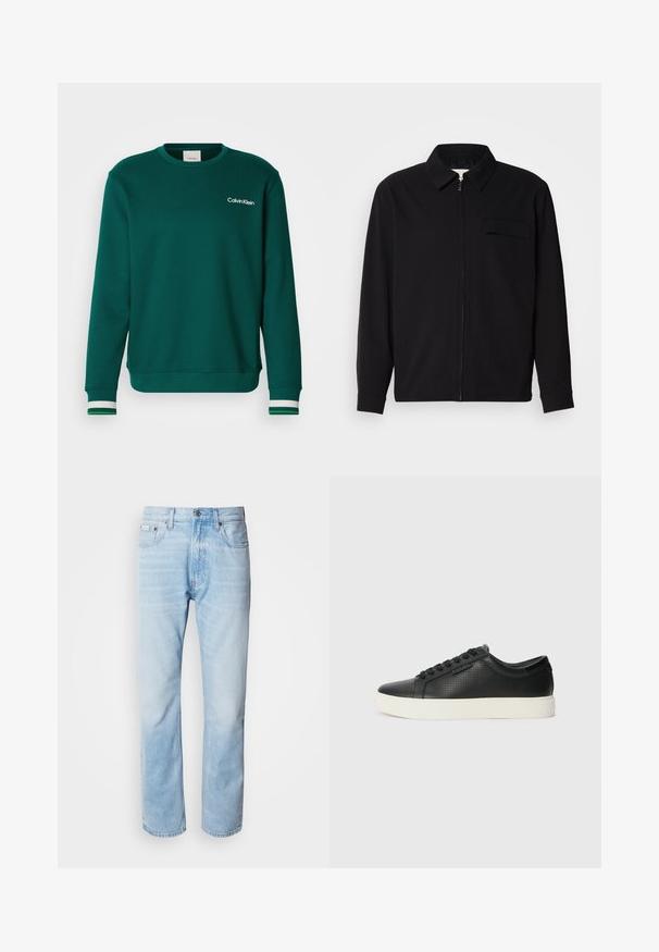 Černá dlouhá rukávová košile s límečkem, předním zipovým uzávěrem a kapsou na hrudi. Vyrobená z texturované tkaniny s uvolněným střihem.; Zelená mikina s kulatým výstřihem, dlouhými rukávy a bílým logem Calvin Klein. Má pruhované manžety v bílé barvě a zelené akcenty.; Světle modré džíny s rovnou nohavicí, s vybledlými částmi, pěti kapsami a klasickým zapínáním na knoflík.; Černé kožené tenisky s perforovanou texturou, kulatou špičkou a plochou bílou gumovou podrážkou. Mají černé tkaničky a jemné logo na boční straně.