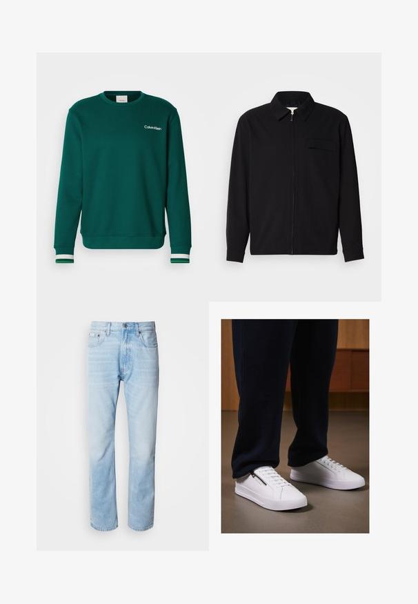 Camisa preta de manga longa com gola, fecho frontal com zíper e bolso no peito. Feita de um tecido texturizado com um corte descontraído.; Sweatshirt verde com gola redonda, mangas longas e logotipo branco da Calvin Klein. Apresenta punhos listrados em branco e detalhes verdes.; Jeans de ganga azul clara com corte reto, apresentando seções desbotadas, design de cinco bolsos e um fecho clássico com botão.; Sapatilhas brancas com um acabamento em couro liso, sola plana e design com atacadores. O detalhe do fecho lateral acrescenta funcionalidade. Combinadas com calças de jogging escuras.