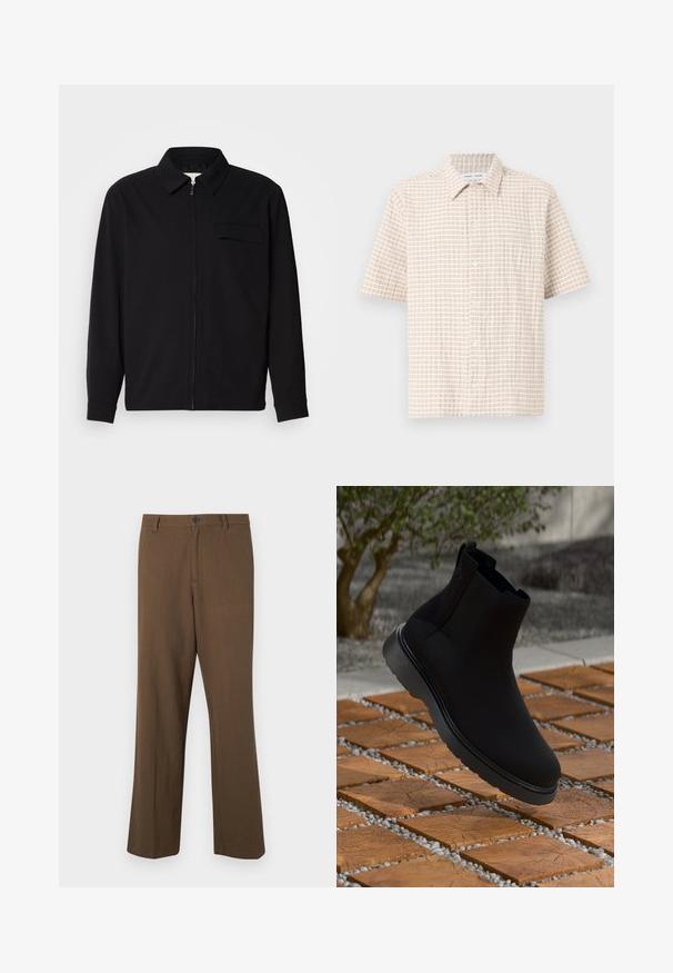 Crna majica dugih rukava s ovratnikom, prednjim zatvaračem i džepom na prsima. Izrađena od teksturiranog materijala s opuštenim krojem.; Kratki rukavi, svijetlosmeđa košulja s uzorkom mreže u nježnoj smeđoj boji, s gumbima sprijeda i klasičnom kragnom. Glatka tekstura tkanine.; Smeđe hlače ravnog kroja izrađene od teksturirane tkanine, sa kopčanjem na dugme i standardnim pojasom, bočnim džepovima i krojenim šavovima.; Crna gležnjača napravljena od glatkog materijala s suptilnim šavovima, gumeni potplat i elegantan dizajn, postavljena iznad površine drvenog izgleda.