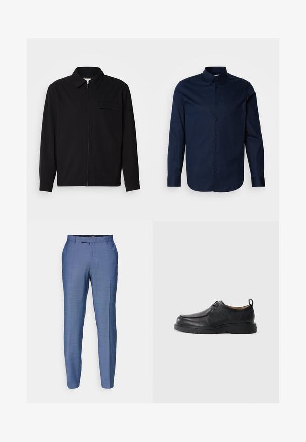 Čierna košeľa s dlhým rukávom, so golierom, predným zipsom a vreckom na hrudi. Vyrobená z textúrovanej tkaniny s voľným strihom.; Námornícky modrá košele s dlhým rukávom vyrobená z hladkej tkaniny, so zapínaním na gombíky, špicatým golierom a manžetami s jemným logom na hrudi.; Svetlomodré strihové nohavice s textúrovanou tkaninou. Majú plochý predný diel, úzke nohy a zips s háčikovým zapínaním.; Čierna kožená topánka s hladkým povrchom, zaoblenou špičkou, jemným šitím, šnurovacím dizajnom a textúrovaným držadlom na zadnej strane.