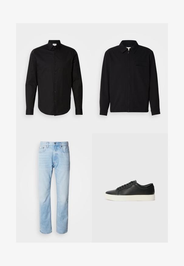 Maglietta nera a maniche lunghe con colletto, chiusura frontale con zip e taschino sul petto. Realizzata in tessuto testurizzato con una vestibilità rilassata.; Camicia nera a maniche lunghe con bottoni, realizzata in morbido cotone. Presenta un colletto classico, bottoni frontali e un orlo curvo.; Jeans in denim blu chiaro con taglio dritto, caratterizzati da sezioni sbiadite, design a cinque tasche e iconico bottone di chiusura.; Sneaker nere in pelle con texture perforata, punta tonda e suola piatta in gomma bianca. Presentano lacci neri e un logo discreto sul lato.