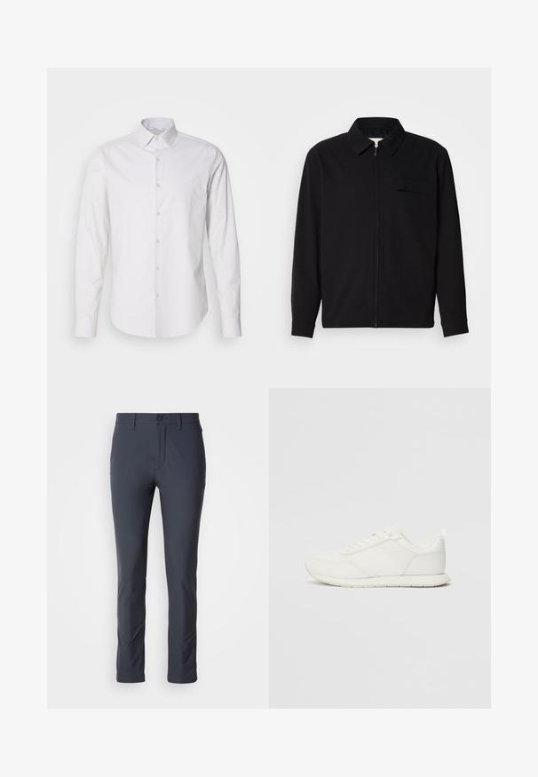 Camisa negra de manga larga que presenta un cuello con solapa, cierre frontal con cremallera y un bolsillo en el pecho. Fabricada con una tela texturizada y un corte holgado.; Camisa blanca de manga larga con cuello puntiagudo, cierre frontal con botones, fabricada en un tejido suave. Presenta una sutil textura a rayas.; Pantalones de tela elástica en color marino con un corte slim, textura suave, bolsillos frontales y cierre de botón. Diseñados para la comodidad y la movilidad.; Zapatilla blanca con parte superior de malla y sintético, puntera redonda, cordones planos y una franja lateral texturizada. Suela de goma con un tirador en la parte posterior.