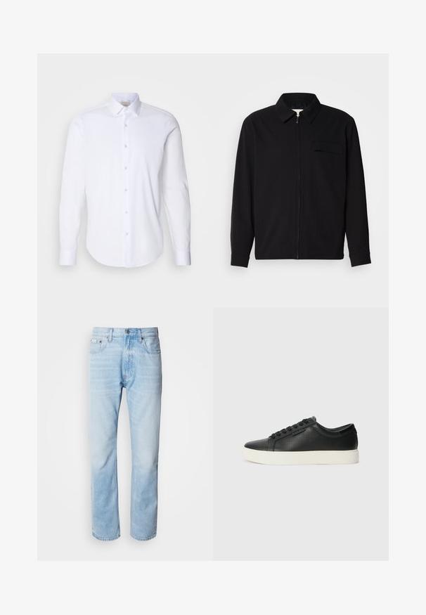 Black long-sleeve shirt featuring a collared neckline, front zip closure, and a chest pocket. Made of textured fabric with a relaxed fit.; White long-sleeve shirt made of smooth cotton fabric. Features a pointed collar, a button-down front, and rounded hem. No patterns or accents.; Light blue denim jeans with a straight leg cut, featuring faded sections, five-pocket design, and a classic button fly.; Black leather sneakers with perforated texture, round toe, and flat white rubber sole. Features black laces and a subtle logo on the side.