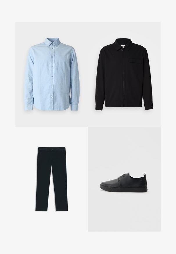 Maglietta nera a maniche lunghe con colletto, chiusura frontale con zip e taschino sul petto. Realizzata in tessuto testurizzato con una vestibilità rilassata.; Samsøe Samsøe LIAM SHIRT - Camicia - light blue; Chinos di un blu navy scuro realizzati in tessuto misto cotone. Presentano passanti per cintura, tasche frontali e una chiusura con zip e bottone.; Sneaker in pelle nera con finitura liscia, punta arrotondata, cuciture tono su tono, chiusura con lacci frontale e suola piatta in gomma. Anello sul tallone.