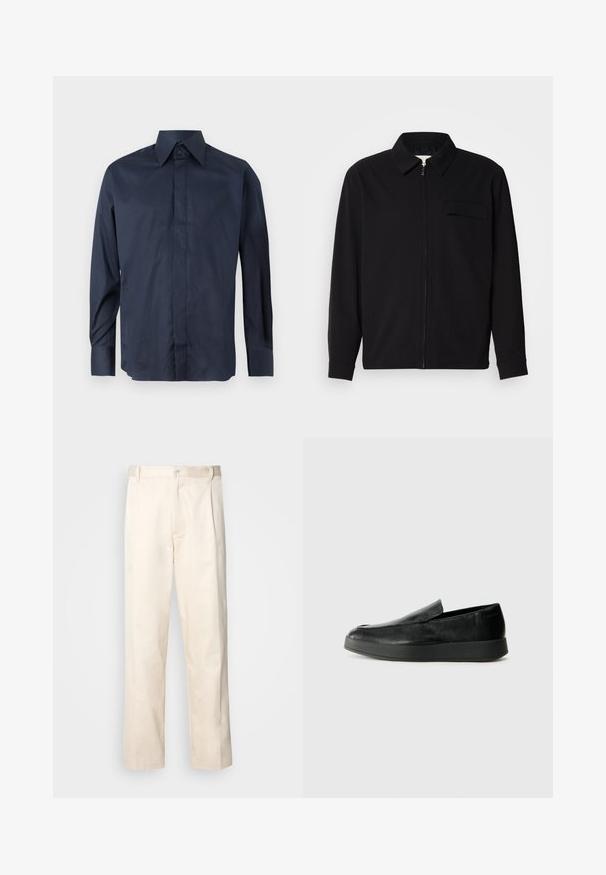 Svart langermet skjorte med krage, frontlås og brystlomme. Laget av teksturert stoff med en avslappet passform.; Marineblå langermet skjorte med spiss krage, laget av glatt stoff. Har knappelukking og mansjetter, ingen synlige mønstre eller grafikk.; Beige bomullsbukser med rett benfatt, med knappelukking og folder foran for ekstra detaljer.; Calvin Klein HYBRID CUP - Slippers - triple black