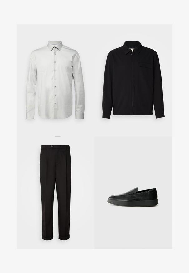 Černá dlouhá rukávová košile s límečkem, předním zipovým uzávěrem a kapsou na hrudi. Vyrobená z texturované tkaniny s uvolněným střihem.; Svetle šedá košile s dlouhým rukávem z hladkého materiálu s límečkem na knoflíky, předními knoflíky a jemným vyšívaným logem na hrudi.; Černé kalhoty s hladkou texturou, rázovaného střihu, dvěma předními kapsami a jedním knoflíkovým zapínáním v pase.; Calvin Klein HYBRID CUP - Polobotky - triple black