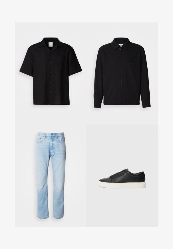 Chemise noire à manches longues avec un col, fermeture éclair à l'avant et une poche poitrine. Fabriquée en tissu texturé avec une coupe décontractée.; Chemise noire à manches courtes en tissu de lin, avec un devant à boutons, un col pointu et une texture lisse. Pas de motifs ni d'accents évidents.; Jean en denim bleu clair, à coupe droite, avec des sections décolorées, design à cinq poches et fermeture à bouton classique.; Baskets en cuir noir avec texture perforée, bout rond et semelle en caoutchouc blanc plat. Dispose de lacets noirs et d'un logo discret sur le côté.