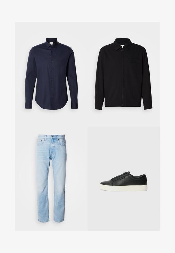 Juodas ilgomis rankovėmis marškinis, turintis apykaklės iškirptę, priekinį užtrauktuką ir krūtinės kišenę. Pagamintas iš tekstūruoto audinio, turinčio laisvą kirpimą.; Tamsiai mėlynas medvilnės marškinėliai su mygtukais. Turi ilgas rankoves, smailų apykaklę ir užsegimą su derančiais mygtukais. Lygi tekstūra.; Šviesiai mėlyni džinsai su tiesiomis kojomis, puošti išblukusių vietų, penkių kišenių dizainu ir klasikiniu mygtukų užsegimu.; Juodi odiniai sportbačiai su perforuotu paviršiumi, apvaliu pirštu ir plokščiu baltu guminiu padu. Yra juodos raišteliai ir subtili logotipo detalė šone.
