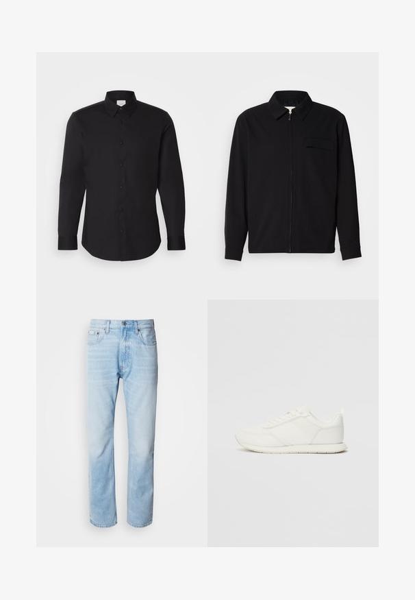 Musta pitkähihaine paita, jossa on kauluksellinen kaulus, edessä vetoketju ja rintatasku. Valmistettu teksturoidusta kankaasta, jossa on rento istuvuus.; Musta pitkähihaine paita, joka on valmistettu sileästä kankaasta. Paidassa on terävä kaulus, nappisuljenta edessä ja hillitty logo rinnassa.; Vaaleansiniset farkut suoranlahkeisella leikkauksella, joissa on haalistuneita kohtia, viisi taskua ja klassinen nappisuljenta.; Valkoiset tennarit, joissa on verkkokankainen ja synteettinen yläosa, pyöreä kärki, litteät nauhat sekä teksturoitu sivuviiru. Kumipohja ja vetoketju takana.