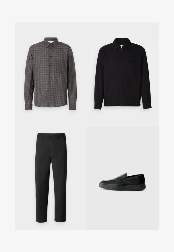 Cămașă neagră cu mânecă lungă, având guler, închidere cu fermoar pe față și buzunar pe piept. Fabricată dintr-un material texturat cu o croială lejeră.; Cămașă cu mânecă lungă, din material în carouri, de culoare gri închis, cu modele de carouri mai deschise, cu închidere prin butoni și o buzunar pe piept. Fabricată dintr-un material ușor.; Pantaloni negri cu o croială dreaptă, fabricați dintr-un material neted. Prezintă un închidere cu nasture și bucle pentru curea. Fără modele sau accente vizibile.; Calvin Klein HYBRID CUP - Pantofi slip-on - triple black