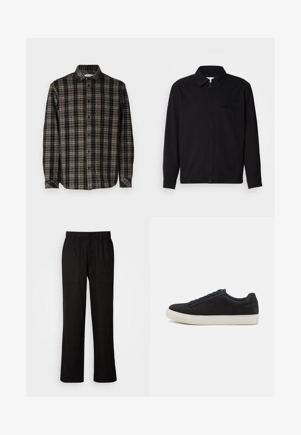 Fekete, hosszú ujjú póló, gallérral, elülső cipzárral és mellzsebbel. Texturált anyagból készült, laza szabású.; Fekete és bézs kockás ing, hosszú ujjú, gombos elülső rész, klasszikus gallér, puha tapintású és strukturált szabású.; Fekete, laza szabású nadrág, könnyű anyagból készült. Rugalmas derékkal, gombos záródással és két elülső zsebbel rendelkezik.; Fekete velúr sneaker, lekerekített orral, fehér gumitalppal, kontrasztos kék fűzőkkel és sima felülettel. Minimalista dizájn, látható logó nélkül.