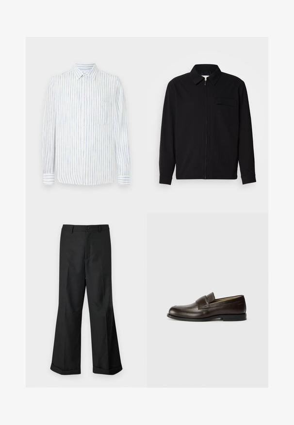 Maglietta nera a maniche lunghe con colletto, chiusura frontale con zip e taschino sul petto. Realizzata in tessuto testurizzato con una vestibilità rilassata.; Camicia bianca con strisce verticali blu, design con bottoni, maniche lunghe, taschino sul petto e un tessuto leggero e strutturato.; Pantaloni neri a gamba larga con vita con bottoni e orli risvoltati, esposti su uno sfondo bianco uniforme.; Calvin Klein Scarpe senza lacci - cocoa brown