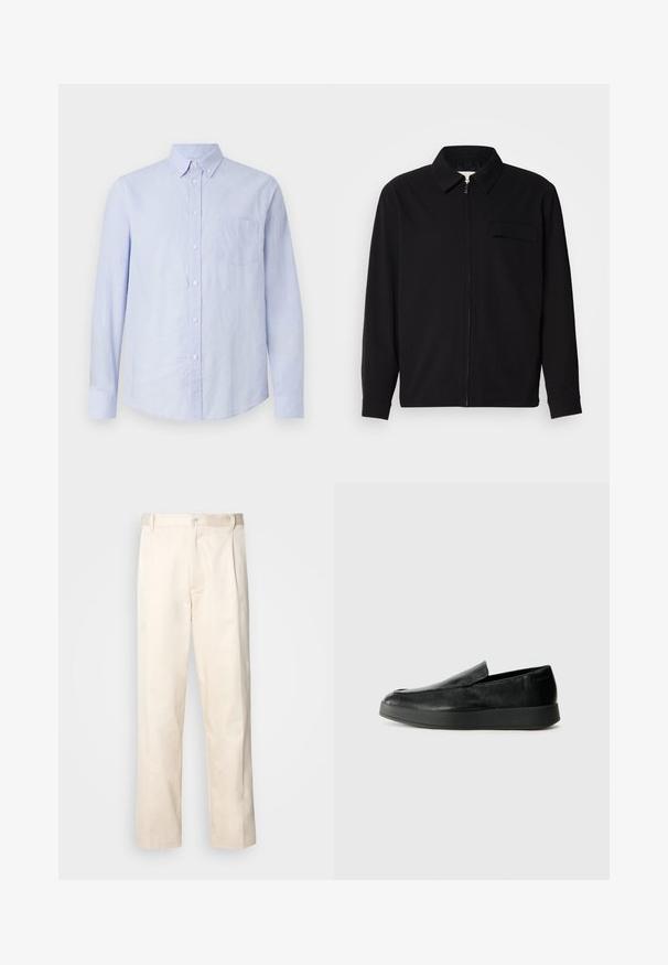Črna dolgoročna majica z ovratnikom, sprednjim zadrgo in žepom na prsih. Narejena iz teksturirane tkanine z sproščenim krojem.; Svetlo modra srajca z dolgimi rokavi in gumbi, izdelana iz teksturirane tkanine. Ima ovratnik s gumbi in en žep na levem prsnem delu.; Bež cottone hlače s ravnim krojem, ki imajo gumbasto zapiranje in nabore spredaj za dodatne detajle.; Calvin Klein HYBRID CUP - Čevlji brez vezalk - triple black