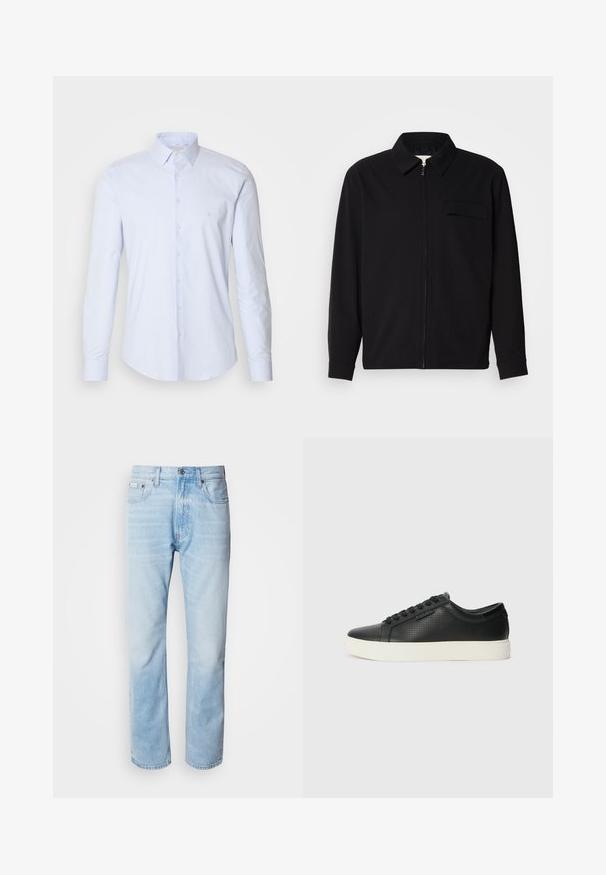 Svart langermet skjorte med krage, frontlås og brystlomme. Laget av teksturert stoff med en avslappet passform.; Lys blå langermet skjorte med knappestolpe laget av bomull, med et subtilt stripemønster. Den har krage av klassisk type og brodert logo på brystet.; Lyseblå denimjeans med strak benkutt, med falmede seksjoner, femlommerdesign og en klassisk knappestol.; Sorte lær sneakers med perforert tekstur, rund tå og flat hvit gummisåle. Har sorte snørebånd og en subtil logo på siden.