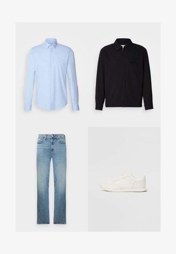 Must valgade varrukatega must särk, millel on krae, ees tõmbluku sulgemine ja rinna tasku. Valmistatud tekstuurilisest kangast ning mugav lõige.; Hele sinine puuvillane särk, millel on klassikaline krae, pikad varrukad ja väike logo rinnal. Sile tekstuur.; Helesinised teksapüksid sirge sääre lõikega, viie taskuga ja pleekinud viimistlusega. Omavad nööpidega esitõmmet ja vööaasasid.; Valged tennisesid, millel on võrgust ja sünteetilisest materjalist ülemine osa, ümar varvas, lamedad paelad ja tekstureeritud külgmine triip. Kummist tallaosa, tagaküljel tõmbetab.