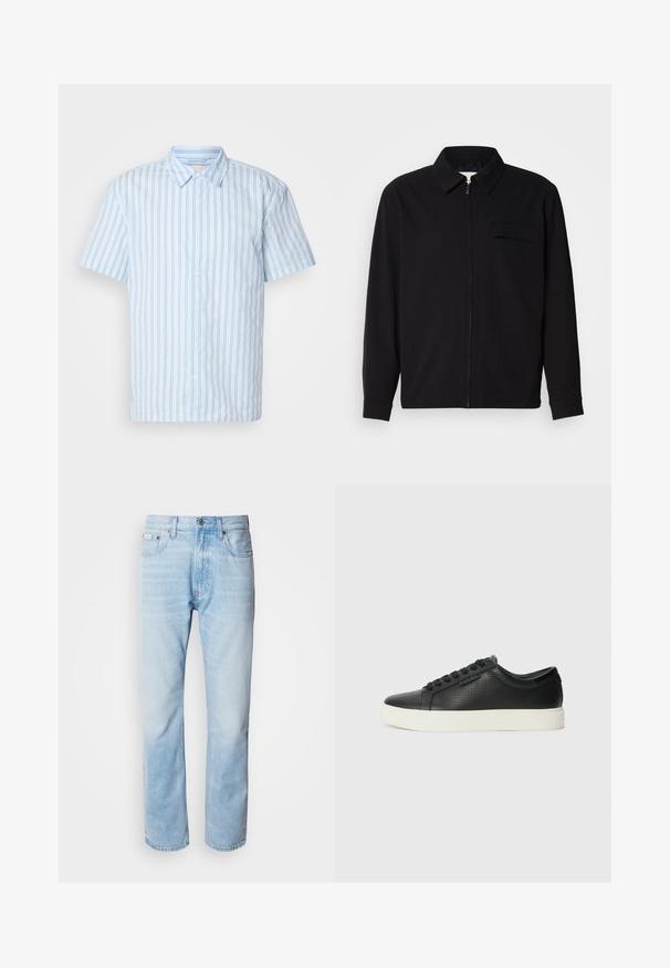 Juodas ilgomis rankovėmis marškinis, turintis apykaklės iškirptę, priekinį užtrauktuką ir krūtinės kišenę. Pagamintas iš tekstūruoto audinio, turinčio laisvą kirpimą.; Šviesiai mėlynas trumpomis rankovėmis marškinėlių paspaudimas su vertikaliomis juostelėmis. Su smailiu apykaklės ir baltais mygtukais priekyje.; Šviesiai mėlyni džinsai su tiesiomis kojomis, puošti išblukusių vietų, penkių kišenių dizainu ir klasikiniu mygtukų užsegimu.; Juodi odiniai sportbačiai su perforuotu paviršiumi, apvaliu pirštu ir plokščiu baltu guminiu padu. Yra juodos raišteliai ir subtili logotipo detalė šone.