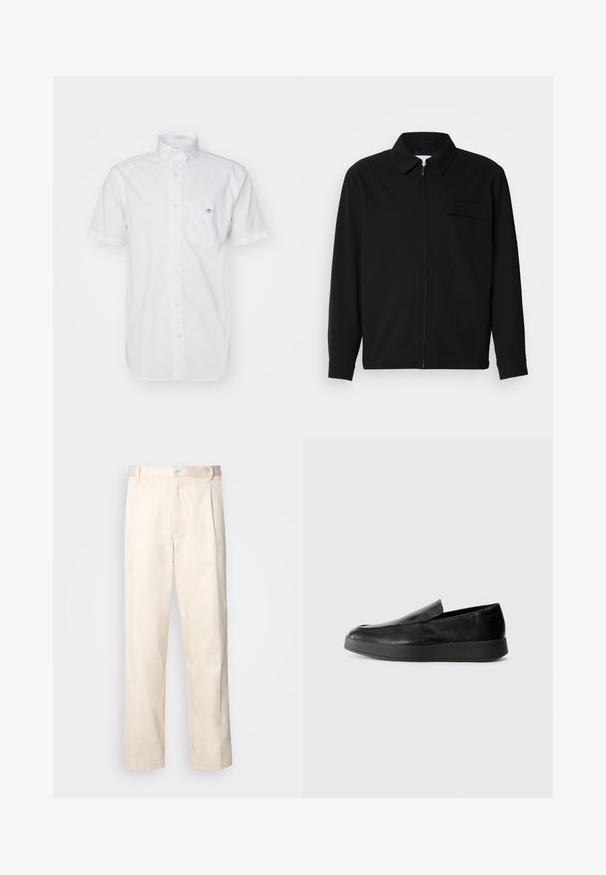 Černá dlouhá rukávová košile s límečkem, předním zipovým uzávěrem a kapsou na hrudi. Vyrobená z texturované tkaniny s uvolněným střihem.; Bílá košile s krátkým rukávem vyrobená z lehké bavlny, s kapsou na prsou a nenápadným logem na kapse. Hladká textura.; Bežové bavlněné kalhoty se střihy rovného nohavice, s knoflíkovým zapínáním a záhyby vpředu pro zvýraznění detailu.; Calvin Klein HYBRID CUP - Polobotky - triple black