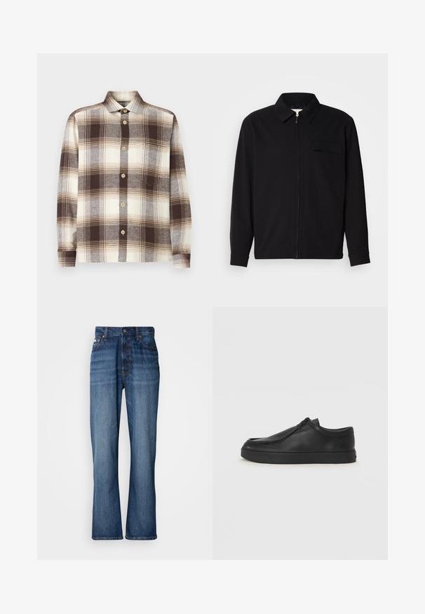 Črna dolgoročna majica z ovratnikom, sprednjim zadrgo in žepom na prsih. Narejena iz teksturirane tkanine z sproščenim krojem.; Rjava in krem karo srajca z dolgimi rokavi, izdelana iz mehkega blaga; ima odprto ovratnico in svetle lesene gumbe.; Modre kavbojke z visokim pasom, širokimi nogami, zasnovo s petimi žepi in toniranim šivanjem. Imajo zapiranje na gumb in zakovice na žepih.; Črne usnjene natikače s zaobljenim prstom, šivanim detajlima in črnim gumijastim podplatom. Gladka tekstura z minimalističnim dizajnom.