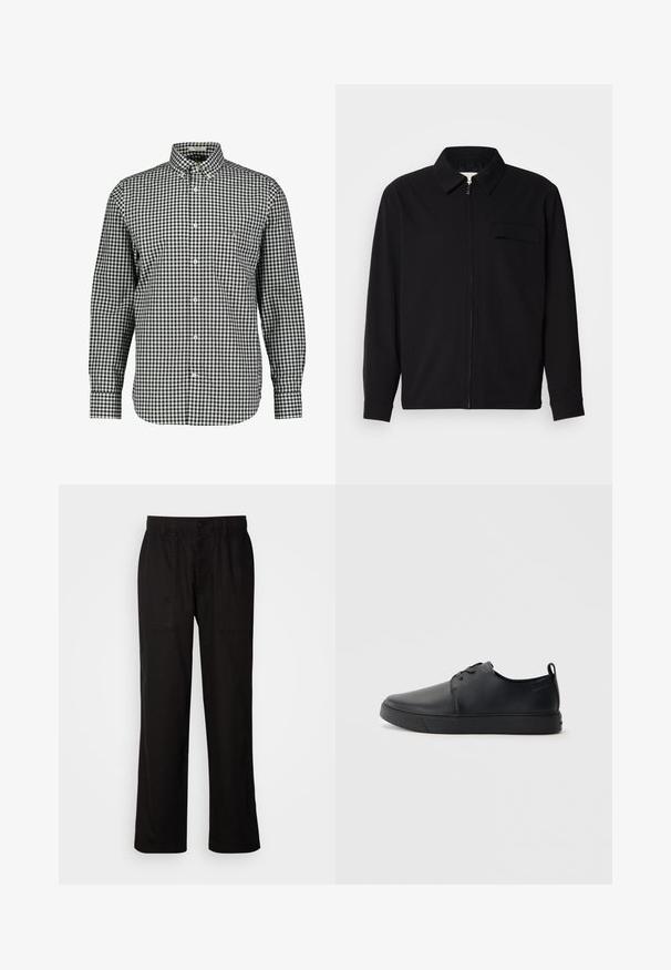 Zwarte lange mouwen shirt met een kraaghals, voorste rits sluiting en een borstzak. Gemaakt van een gestructureerde stof met een relaxte pasvorm.; Zwart-witte geruite overhemden met kraag, lange mouwen en een borstzak. Gemaakt van geweven stof, met een afgeronde zoom.; Zwarte broek met een relaxte pasvorm, gemaakt van lichte stof. Voorzien van een elastische tailleband, knoopsluiting en twee zijzakken.; Zwarte leren sneaker met een gladde afwerking, ronde neus, tonale stiknaden, vetersluiting aan de voorkant en een vlakke rubberen zool. Lussje aan de hak.