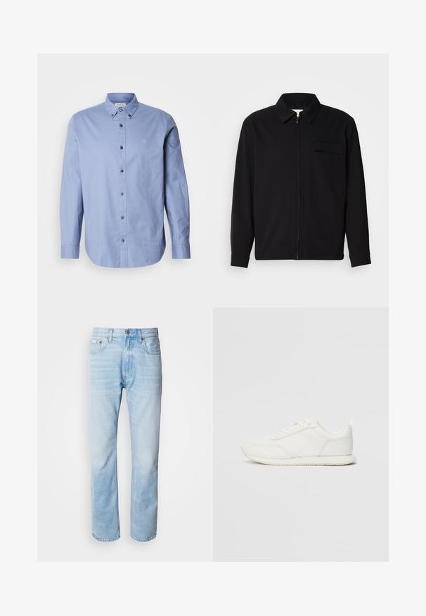 Musta pitkähihaine paita, jossa on kauluksellinen kaulus, edessä vetoketju ja rintatasku. Valmistettu teksturoidusta kankaasta, jossa on rento istuvuus.; Vaaleansininen nappikauluspaita pitkillä hihoilla, valmistettu sileästä kankaasta. Sisältää klassisen kauluksen, mustia nappeja ja pienen logon rinnassa.; Vaaleansiniset farkut suoranlahkeisella leikkauksella, joissa on haalistuneita kohtia, viisi taskua ja klassinen nappisuljenta.; Valkoiset tennarit, joissa on verkkokankainen ja synteettinen yläosa, pyöreä kärki, litteät nauhat sekä teksturoitu sivuviiru. Kumipohja ja vetoketju takana.