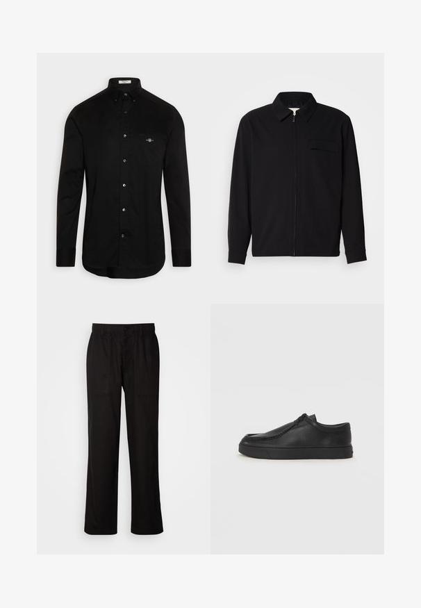 Must valgade varrukatega must särk, millel on krae, ees tõmbluku sulgemine ja rinna tasku. Valmistatud tekstuurilisest kangast ning mugav lõige.; Must musta särk, mis on valmistatud puuvillast, terava krae, pikkade varrukate ja rinnahukaga, kus on väikene värviline logo tikandina.; Mustad lõdva istuvusega mustad püksid, mis on valmistatud kergest kangast. Omavad elastset vöökohta, nööbiga sulgemist ja kahte esist taskut.; Must na ostri varvastega musta nahast libisemisega king, millel on tikand ja must kummitald. Sile tekstuur ja minimalistik disain.