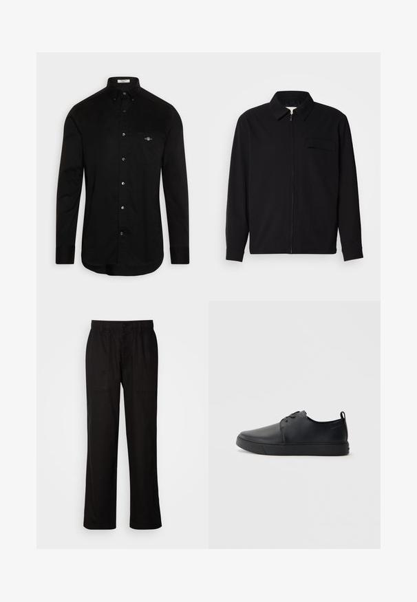 Czarna koszula z długim rękawem z kołnierzykiem, z zapięciem na suwak z przodu oraz kieszonką na piersi. Wykonana z teksturowanej tkaniny o luźnym kroju.; Czarna koszula zapinana na guziki, wykonana z bawełny, z kołnierzykiem w kształcie ostrokatnym, długimi rękawami oraz kieszonką na piersi z małym, wyhaftowanym logo w kolorze.; Czarne spodnie o luźnym kroju, wykonane z lekkiego materiału. Posiadają elastyczny pasek w talii, zapięcie na guzik oraz dwie przednie kieszenie.; Czarne skórzane sneakersy o gładkim wykończeniu, zaokrąglonym nosku, tonalnym przeszyciu, sznurowanym przodzie oraz płaskiej gumowej podeszwie. Pętla na pięcie.