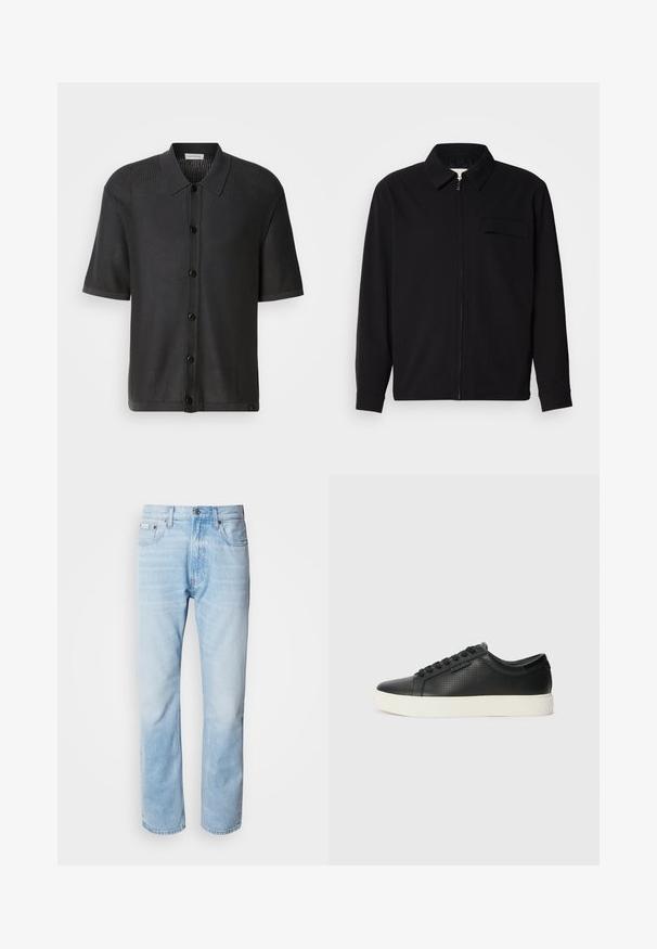 Zwarte lange mouwen shirt met een kraaghals, voorste rits sluiting en een borstzak. Gemaakt van een gestructureerde stof met een relaxte pasvorm.; Zwart shirt met korte mouwen, gemaakt van een mesh-textuur, met knopen aan de voorkant en een kraag. Heeft een soepele zoom en subtiele branding aan de onderkant.; Lichtblauwe denim jeans met een rechte pijp, met vervaagde delen, vijf-pocket ontwerp en een klassieke knoopsluiting.; Zwarte leren sneakers met geperforeerde structuur, ronde neus en platte witte rubberen zool. Voorzien van zwarte veters en een subtiel logo aan de zijkant.