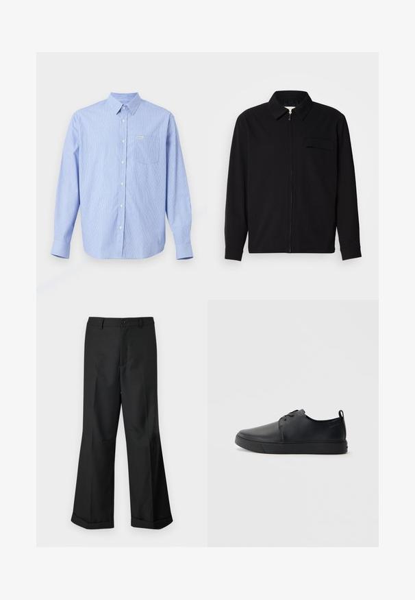Črna dolgoročna majica z ovratnikom, sprednjim zadrgo in žepom na prsih. Narejena iz teksturirane tkanine z sproščenim krojem.; Svetlo modra srajca z dolgimi rokavi, z navpičnimi belimi črtami, z ostrim ovratnikom, enim žepom na prsih in majhno oznako blagovne znamke.; Črne široke hlače z gumbasto pasom in manšetami, prikazane na enostavni beli podlagi.; Črne usnjene športne čevlje z gladko površino, okroglo oblikovano nosilo, toniranim šivanjem, vezanjem spredaj in ravnim gumijastim podplatom. Zanko na peti.
