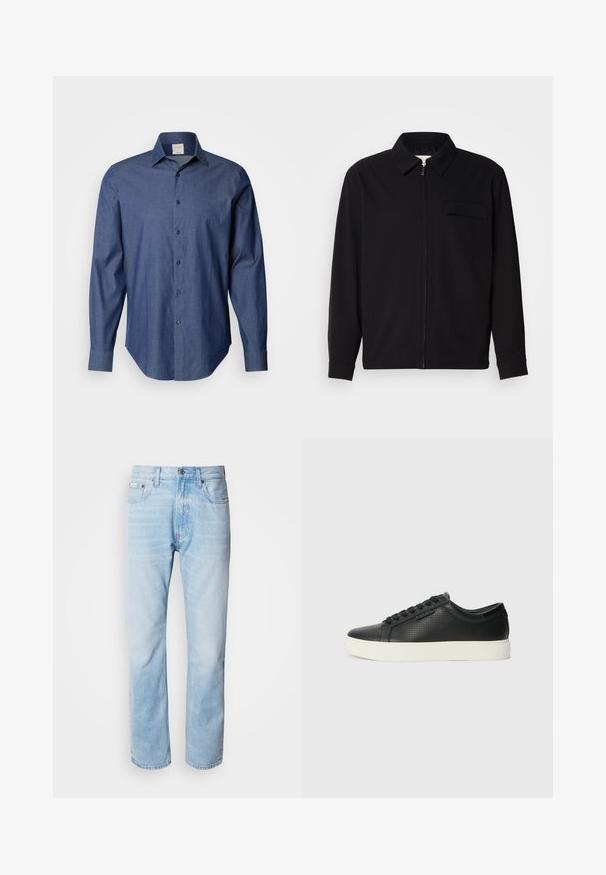 Camisa negra de manga larga que presenta un cuello con solapa, cierre frontal con cremallera y un bolsillo en el pecho. Fabricada con una tela texturizada y un corte holgado.; Camisa de botones azul oscuro hecha de una tela con una textura sutil. Presenta un cuello extendido y mangas largas con puños de botón.; Vaqueros de mezclilla azul claro con corte recto, con secciones desgastadas, diseño de cinco bolsillos y cierre de botones clásico.; Zapatillas de cuero negro con textura perforada, puntera redonda y suela plana de goma blanca. Presenta cordones negros y un logo sutil en el costado.