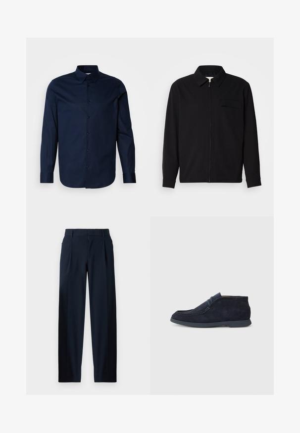 Juodas ilgomis rankovėmis marškinis, turintis apykaklės iškirptę, priekinį užtrauktuką ir krūtinės kišenę. Pagamintas iš tekstūruoto audinio, turinčio laisvą kirpimą.; Tamsiai mėlyna ilgas rankovėmis marškiniai, pagaminti iš lygaus audinio, su mygtukų užsegimu, pakeltu apykakle ir rankogaliais, ant krūtinės esantį subtilų logotipą.; Tamsiai mėlyni kelnių su lygiu paviršiumi, plačiomis kojomis, priekiniais raukiniais, diržo kilpelėmis ir užtrauktuku. Tinka tiek formaliam, tiek kasdieniam dėvėjimui.; Jūros laivyno zomšiniai chukka batai su apvaliu nosiu ir siuvinėjimo detalėmis. Savybės: lygus gumos padas ir minimalistinis dizainas be matomo prekės ženklo.