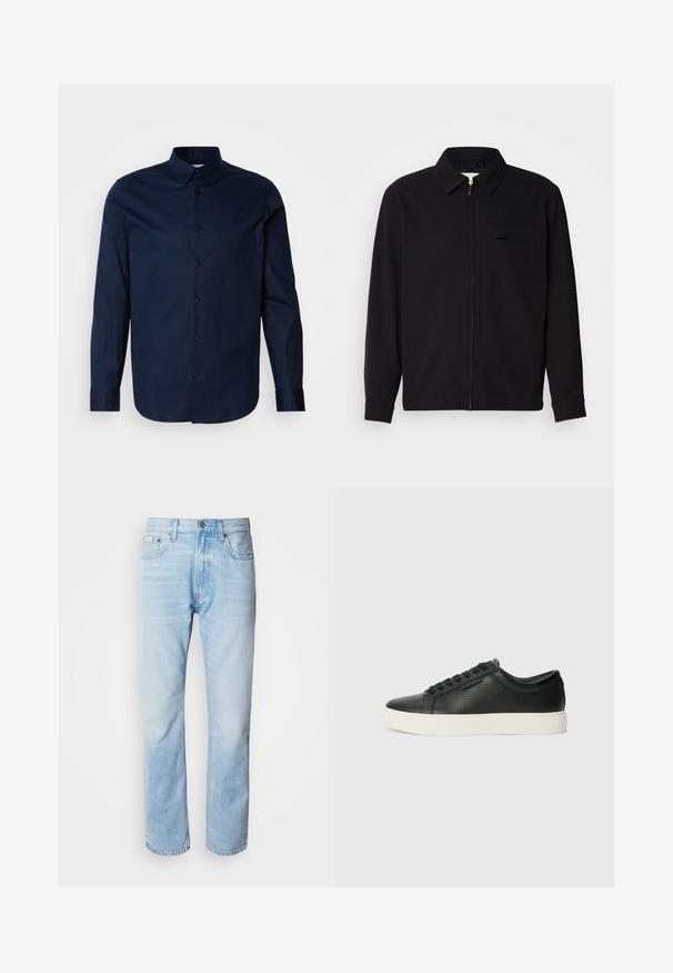 Svart langermet skjorte med krage, frontlås og brystlomme. Laget av teksturert stoff med en avslappet passform.; Marineblå langermet skjorte laget av glatt stoff, med knappelukking foran, spiss krage og mansjetter med en subtil logo på brystet.; Lyseblå denimjeans med strak benkutt, med falmede seksjoner, femlommerdesign og en klassisk knappestol.; Sorte lær sneakers med perforert tekstur, rund tå og flat hvit gummisåle. Har sorte snørebånd og en subtil logo på siden.