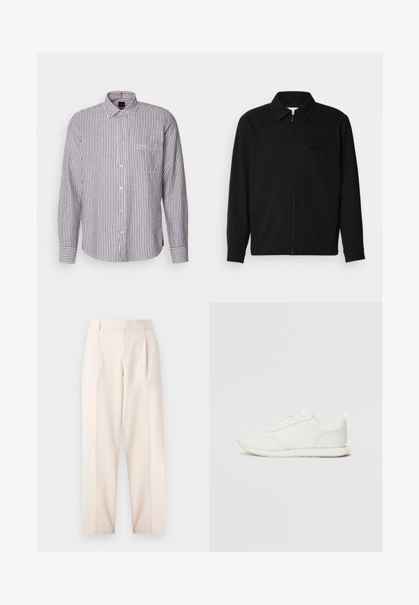Czarna koszula z długim rękawem z kołnierzykiem, z zapięciem na suwak z przodu oraz kieszonką na piersi. Wykonana z teksturowanej tkaniny o luźnym kroju.; Koszula z długim rękawem zapinana na guziki w białe i szare pionowe paski, charakteryzująca się klasycznym kołnierzykiem i jedną kieszenią na piersi. Tkanina wydaje się mieć teksturowaną powierzchnię.; Beżowe spodnie w kant o wysokim stanie, z zakładkami i prostym krojem nogawki. Wykonane z gładkiego materiału, z bocznymi kieszeniami i starannym wykończeniem.; Białe trampki z siateczkową i syntetyczną cholewką, okrągłym noskiem, płaskimi sznurowadłami oraz teksturowanym paskiem bocznym. Gumowa podeszwa z pętelką z tyłu.