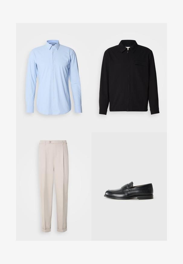 Svart langermet skjorte med krage, frontlås og brystlomme. Laget av teksturert stoff med en avslappet passform.; Lyseblå langermet skjorte laget av bomullsblandingsstoff, med knappelukking foran, enkle mansjetter og klassisk kragedesign.; Beige bukser laget av glatt stoff, med rett passform, enkel legg, og oppbrettede mansjetter. Inkluderer en frontlukkeknapp.; Sorte skinnmokasiner med rund tå, sydd detaljer og en flat gummisåle. Har et bredt bånd over vristen.
