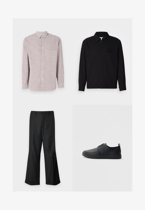 Juodas ilgomis rankovėmis marškinis, turintis apykaklės iškirptę, priekinį užtrauktuką ir krūtinės kišenę. Pagamintas iš tekstūruoto audinio, turinčio laisvą kirpimą.; Ilgų rankovių, mygtukais užsegama šviesiai rožinė marškiniai su tekstūruotu kvadratiniu raštu. Medvilnės audinys, klasikinis apykaklė ir mygtukų užsegimas.; Juodos plačios kelnės su mygtukų juosmeniu ir raukšlėmis, eksponuojamos prieš paprastą baltą foną.; Juodos odinės sportinės bateliai su lygiu paviršium, suapvalinta nosimi, toniniais siūlais, raištelių užsegimu priekyje ir plokščiu guminiu padu. Kilpelė ant kulno.