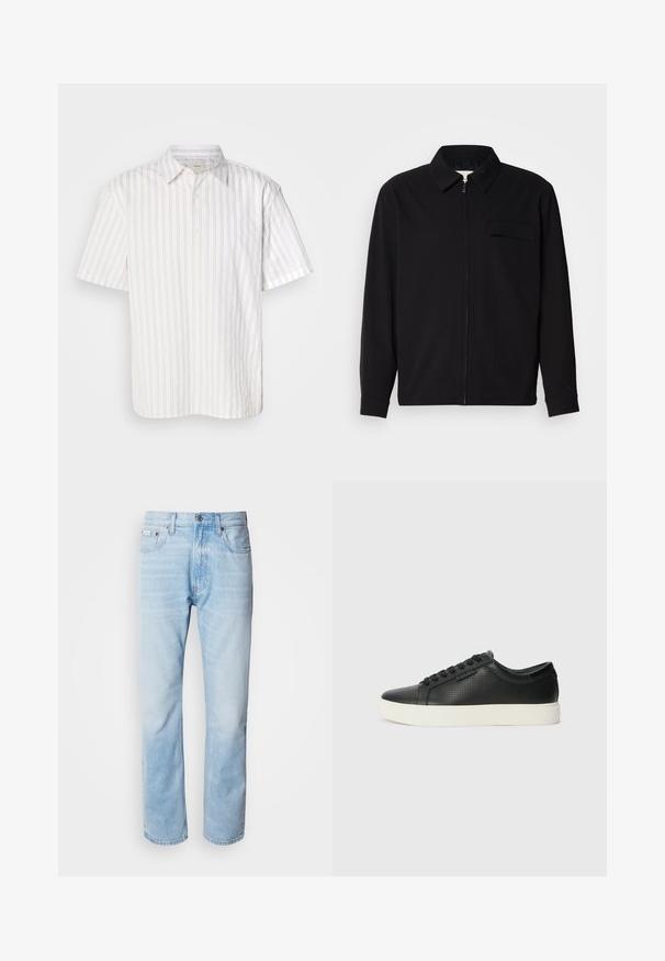 Fekete, hosszú ujjú póló, gallérral, elülső cipzárral és mellzsebbel. Texturált anyagból készült, laza szabású.; Fehér, vékony, függőleges bézs csíkokkal díszített rövid ujjú ing, gombos záródással és klasszikus gallérral. Az anyag simának és könnyűnek tűnik.; Világoskék farmernadrág egyenes fazonnal, kopott részletekkel, öt zsebes kialakítással és klasszikus gombos zipzárral.; Fekete bőr sportcipők perforált textúrával, kerek orral és lapos fehér gumi talppal. Fekete fűzőkkel és diszkrét logóval az oldalon.