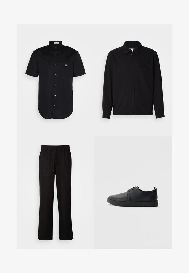 Cămașă neagră cu mânecă lungă, având guler, închidere cu fermoar pe față și buzunar pe piept. Fabricată dintr-un material texturat cu o croială lejeră.; Cămașă neagră cu mânecă scurtă, din material de bumbac, cu guler tip button-down, buzunar frontal cu logo brodat, hem drept, textură netedă.; Pantaloni negri cu o croială lejeră, realizați dintr-un material ușor. Dispun de un tiv elastico, închidere cu nasture și două buzunare frontale.; Sneakers din piele neagră cu un finisaj neted, vârf rotund, cusături tonale, șireturi în față și o talpă plată din cauciuc. Buclă la călcâi.