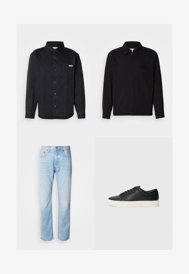Juodas ilgomis rankovėmis marškinis, turintis apykaklės iškirptę, priekinį užtrauktuką ir krūtinės kišenę. Pagamintas iš tekstūruoto audinio, turinčio laisvą kirpimą.; Juodas džinsinis marškiniai su smailiu apykakle, ilgomis rankovėmis, vienu krūtiniu kišeniu ir mažybe prekių etikete ant kišenės.; Šviesiai mėlyni džinsai su tiesiomis kojomis, puošti išblukusių vietų, penkių kišenių dizainu ir klasikiniu mygtukų užsegimu.; Juodi odiniai sportbačiai su perforuotu paviršiumi, apvaliu pirštu ir plokščiu baltu guminiu padu. Yra juodos raišteliai ir subtili logotipo detalė šone.