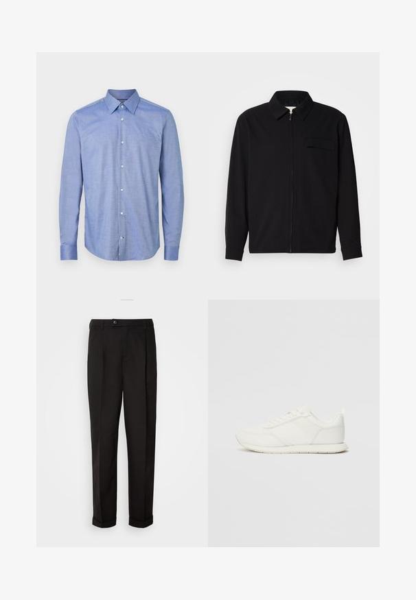 Musta pitkähihaine paita, jossa on kauluksellinen kaulus, edessä vetoketju ja rintatasku. Valmistettu teksturoidusta kankaasta, jossa on rento istuvuus.; Vaaleansininen pitkähihaisen kauluspaita, joka on valmistettu kudotusta kankaasta, jossa on hieno rakenne. Paitassa on terävä kaulus ja pyöristetyt helmat.; Mustat housut, joissa on sileä pinta, suora leikkaus, kaksi etutaskua ja yksittäinen nappikiinnitys vyötäröllä.; Valkoiset tennarit, joissa on verkkokankainen ja synteettinen yläosa, pyöreä kärki, litteät nauhat sekä teksturoitu sivuviiru. Kumipohja ja vetoketju takana.