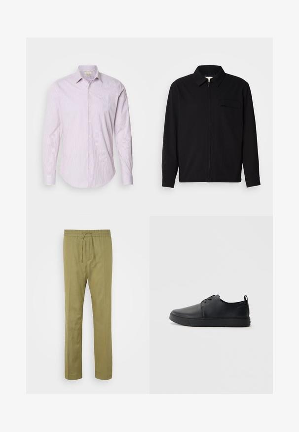 Must valgade varrukatega must särk, millel on krae, ees tõmbluku sulgemine ja rinna tasku. Valmistatud tekstuurilisest kangast ning mugav lõige.; Hele roosa puuvillane särk, millel on valged püstised triibud, punktkaelus, pikad varrukad ja nööbisuletused ees. Pehme tekstuur.; Kerged oliivrohelised püksid, mis on valmistatud pehmest ja kergest kangast. Omab elastset vöö kohta koos nööriga ja sirgeid sääri.; Mustaläik nahast spordijalatsid siledaga viimistlusega, ümarate varvastega, sama tooni õmblustega, nööbid ees, ja lamedate kummist tallaga. Kannas aas.