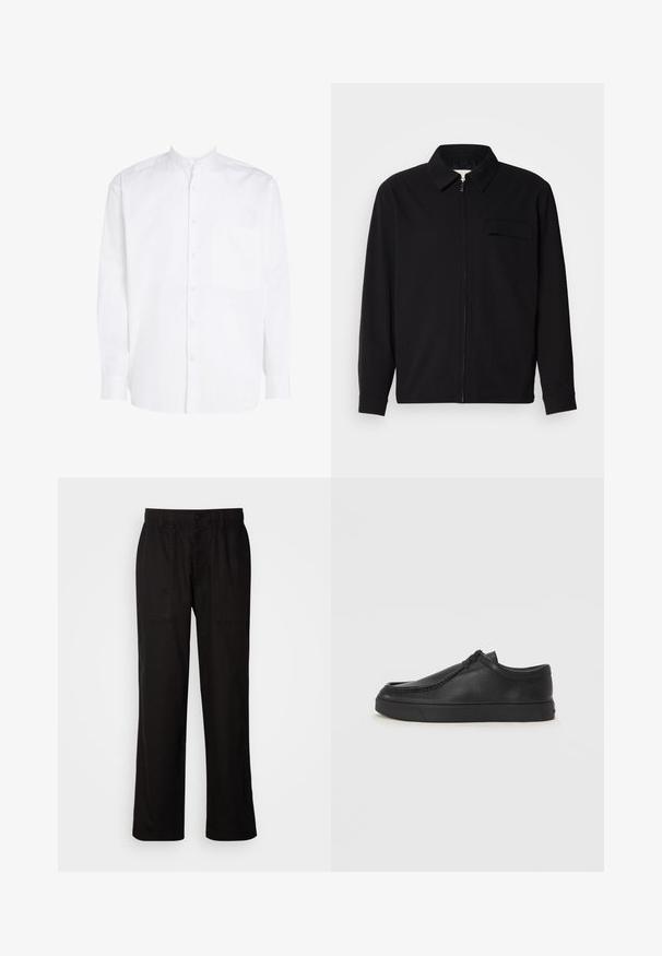 Zwarte lange mouwen shirt met een kraaghals, voorste rits sluiting en een borstzak. Gemaakt van een gestructureerde stof met een relaxte pasvorm.; Witte blouse met lange mouwen en een bandkraag, met een knoopsluiting aan de voorkant en een enkele borstzak. Gemaakt van soepel katoen.; Zwarte broek met een relaxte pasvorm, gemaakt van lichte stof. Voorzien van een elastische tailleband, knoopsluiting en twee zijzakken.; Zwarte leren instapschoen met een ronde neus, gestikte details en een zwarte rubberen zool. Soepele textuur met een minimalistisch ontwerp.