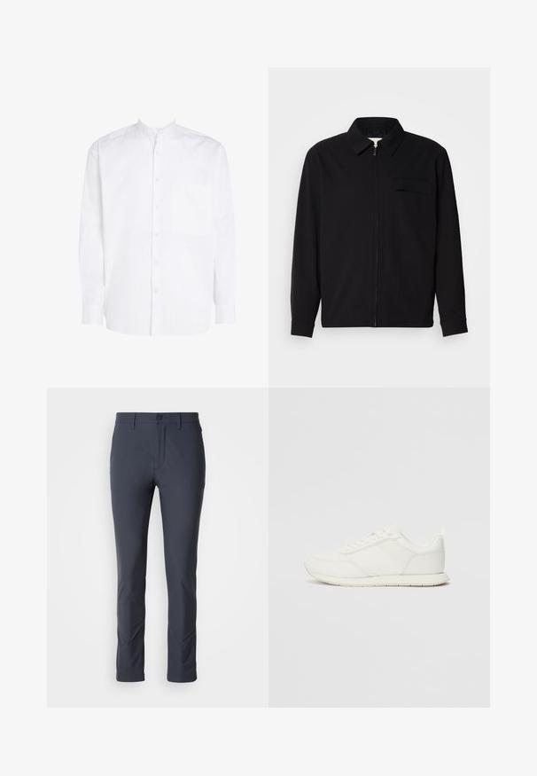 Črna dolgoročna majica z ovratnikom, sprednjim zadrgo in žepom na prsih. Narejena iz teksturirane tkanine z sproščenim krojem.; Bela srajca z dolgimi rokavi in band ovratnikom, sprednjim gumbom in enim žepom na prsih. Narejena iz gladkega bombažnega blaga.; Mornarske raztegljive hlače s ožjim krojem, gladko teksturo, sprednjimi žepi in gumbnim zapiranjem. Oblikovane za udobje in gibljivost.; Bela tenisa z mrežasto in sintetično zgornjo plastjo, okroglo oblikovano prstno območje, ravne vezalke in teksturirana stranska črta. Gumijast podplat z zanko na hrbtni strani.