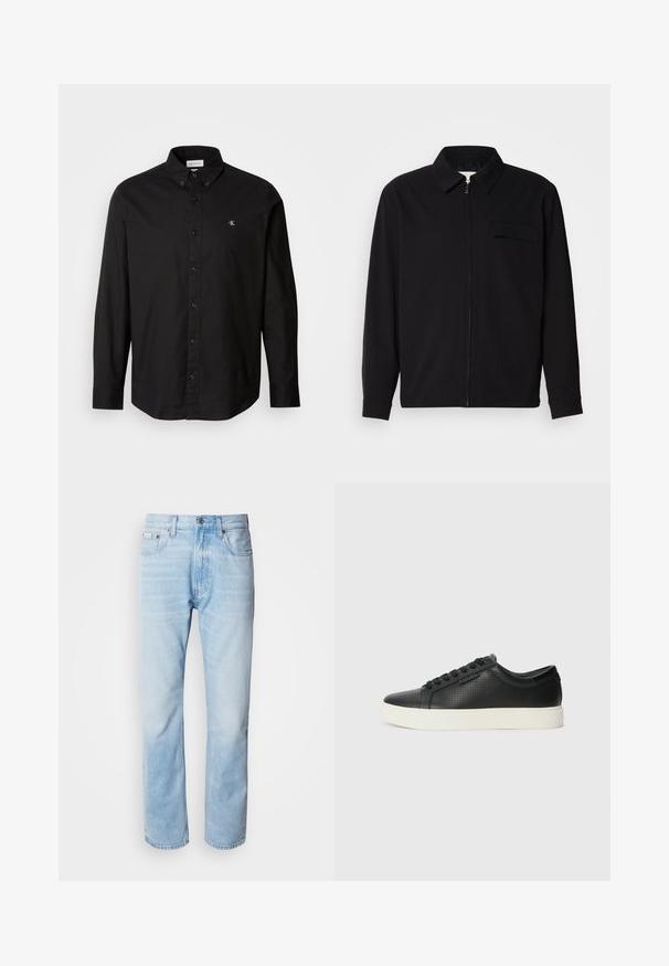 Svart langermet skjorte med krage, frontlås og brystlomme. Laget av teksturert stoff med en avslappet passform.; Svart skjorte med knapper laget av bomull, med klassisk krage, lange ermer, og en liten CK-logo på venstre bryst.; Lyseblå denimjeans med strak benkutt, med falmede seksjoner, femlommerdesign og en klassisk knappestol.; Sorte lær sneakers med perforert tekstur, rund tå og flat hvit gummisåle. Har sorte snørebånd og en subtil logo på siden.