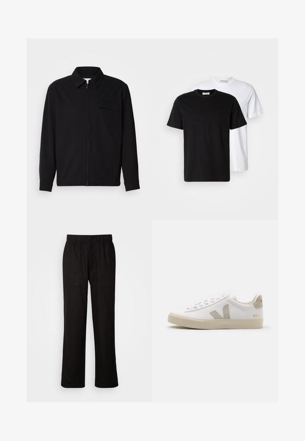 Svart langermet skjorte med krage, frontlås og brystlomme. Laget av teksturert stoff med en avslappet passform.; To enkle bomulls T-skjorter, en svart plassert foran en hvit, begge med korte ermer og rund hals.; Svart bukser med avslappet passform, laget av lett stoff. Har elastisk midjebånd, knapplukking og to frontlommer.; Hvit skinnsneaker med beige detaljer, flat gummisåle, rund tå og kontrasterende logo på siden og baksiden. Snøresystem.
